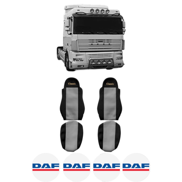 Set Huse Scaune Camion Tir DAF XF 95 din 2002-2006, Auto, Model CLASSIC, Culoare Gri, 4x Stickere auto cu DAF