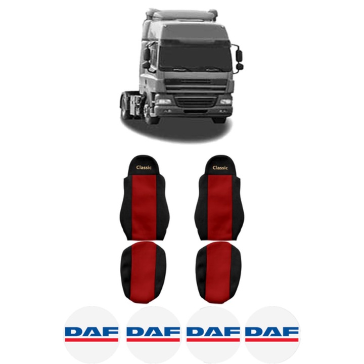 Set Huse Scaune Camion Tir DAF CF 85 din 2001-2020, Auto, Model CLASSIC, Culoare Rosu, 4x Stickere auto cu DAF