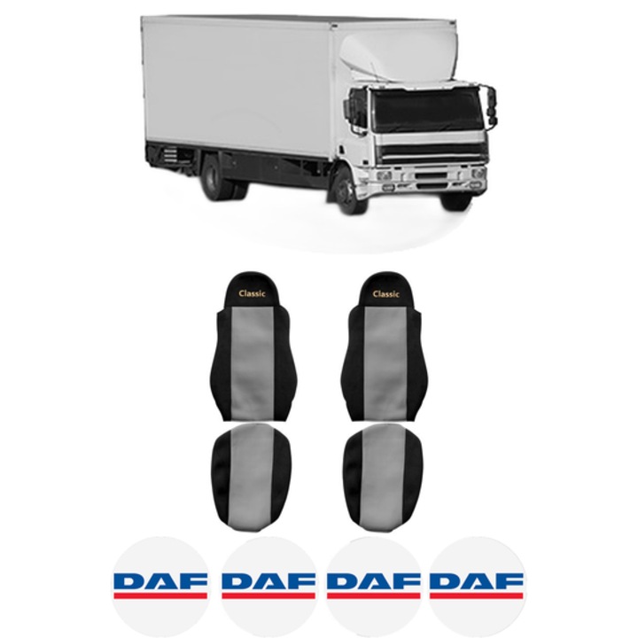 Set Huse Scaune Camion Tir DAF CF 75 din 2001-2013, Auto, Model CLASSIC, Culoare Gri, 4x Stickere auto cu DAF
