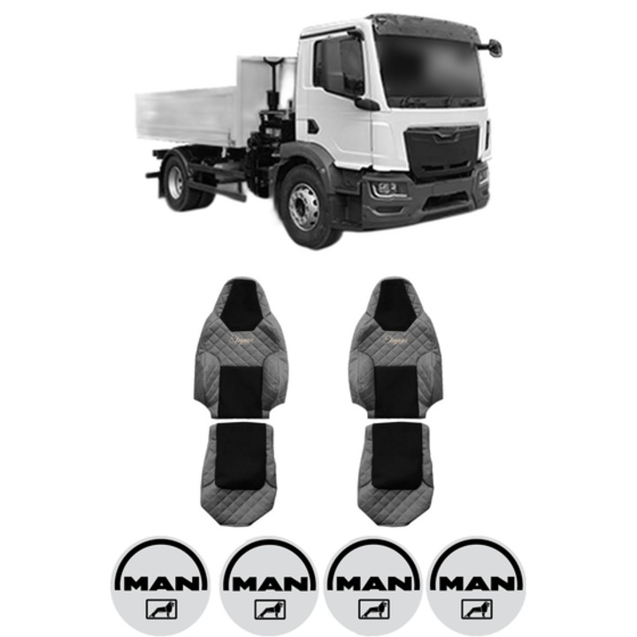 Set Huse Scaune Camion Tir MAN TGM II din 2020, Auto, Model ELEGANCE Q, Culoare Gri, 4x Stickere auto cu MAN