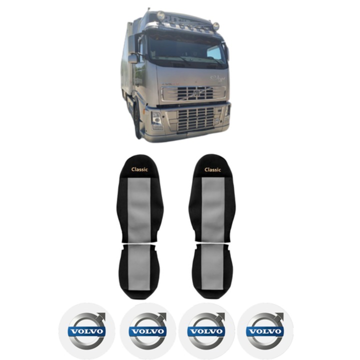 Set Huse Scaune Camion Tir VOLVO FH16 din 1993-2012, Auto, Model CLASSIC, Culoare Gri, 4x Stickere auto cu VOLVO