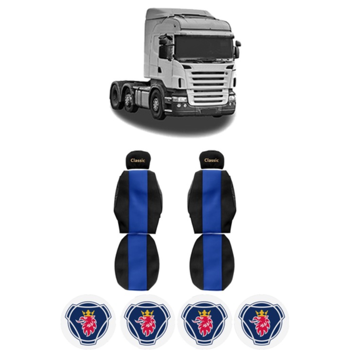 Set Huse Scaune Camion Tir SCANIA 4 - series din 1995-2008, Auto, Model CLASSIC, Culoare Albastru, 4x Stickere auto cu SCANIA