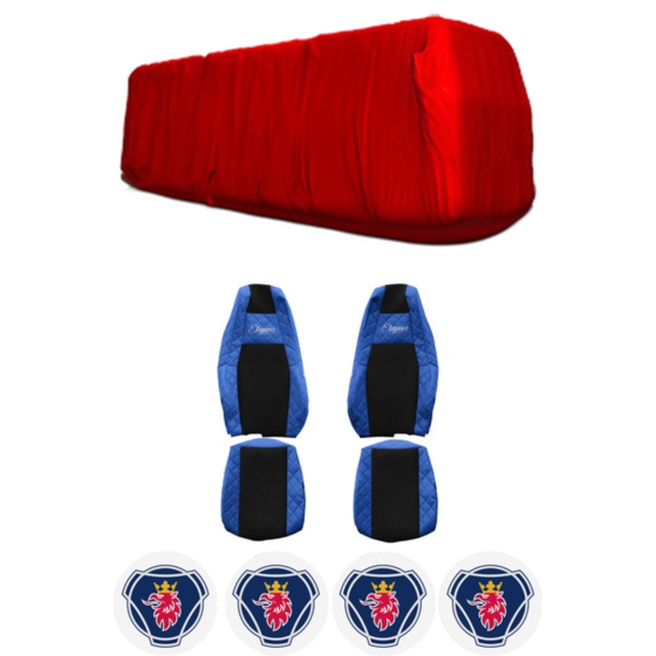 Set Huse Scaune Camion Tir SCANIA L din 2017-2023, Auto, Model ELEGANCE Q, Culoare Albastru, 4x Stickere auto cu SCANIA