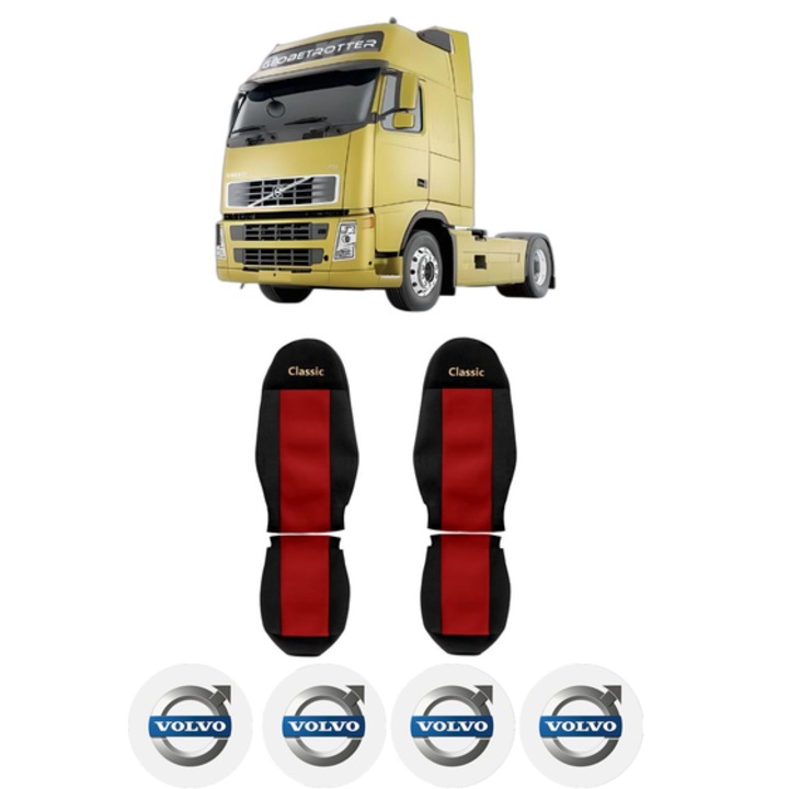 Set Huse Scaune Camion Tir VOLVO FH din 2005-2009, Auto, Model CLASSIC, Culoare Rosu, 4x Stickere auto cu VOLVO