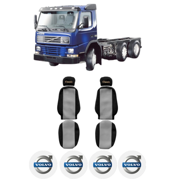 Set Huse Scaune Camion Tir VOLVO FM7 din 1998-2001, Auto, Model CLASSIC, Culoare Gri, 4x Stickere auto cu VOLVO