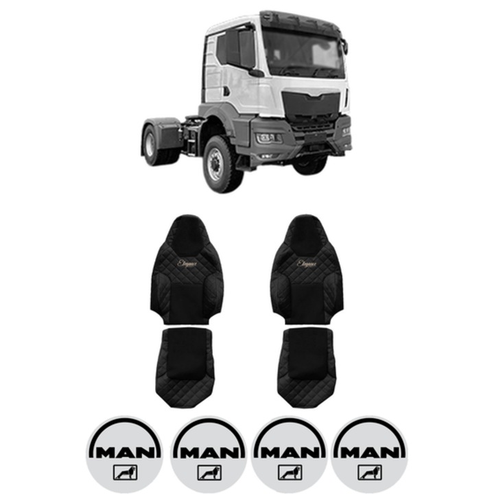 Set Huse Scaune Camion Tir MAN TGS II din 2020, Auto, Model ELEGANCE Q, Culoare Negru, 4x Stickere auto cu MAN