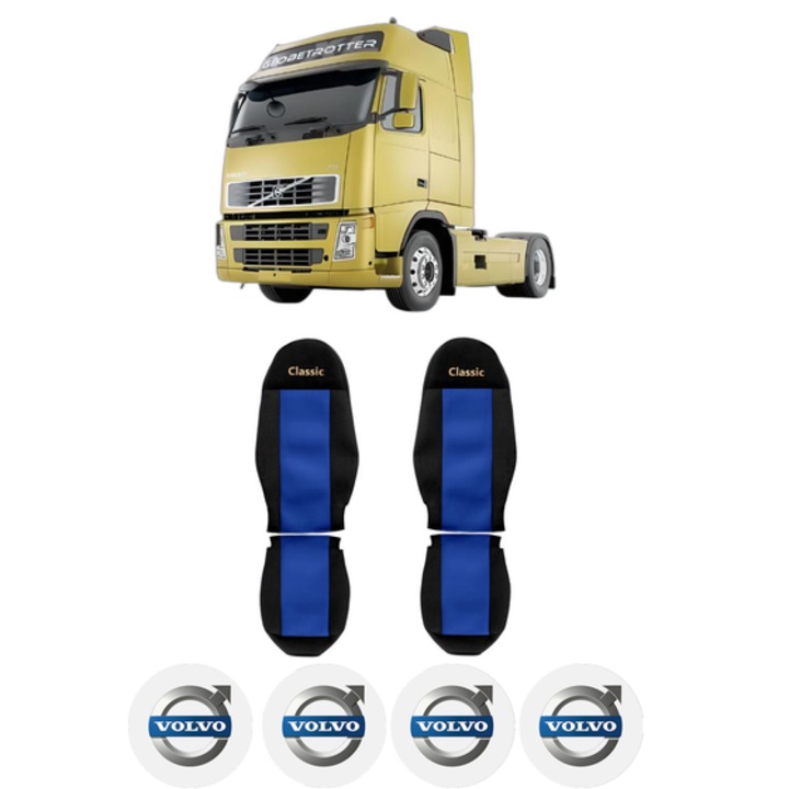 Set Huse Scaune Camion Tir VOLVO FH din 2005-2009, Auto, Model CLASSIC, Culoare Albastru, 4x Stickere auto cu VOLVO