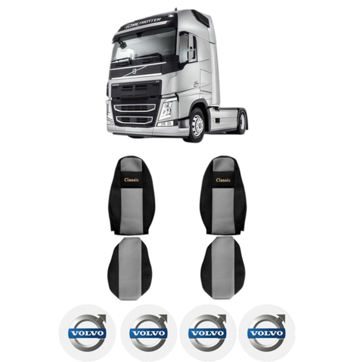 Set Huse Scaune Camion Tir VOLVO FM II din 2012-2017, Auto, Model CLASSIC, Culoare Gri, 4x Stickere auto cu VOLVO