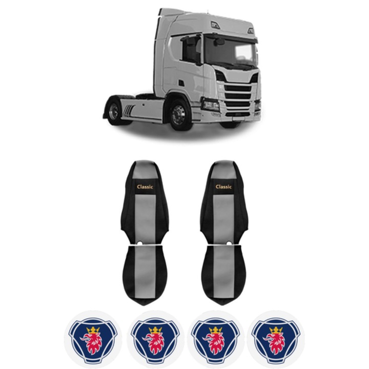 Set Huse Scaune Camion Tir SCANIA R II din 2016-2024, Auto, Model CLASSIC, Culoare Gri, 4x Stickere auto cu SCANIA