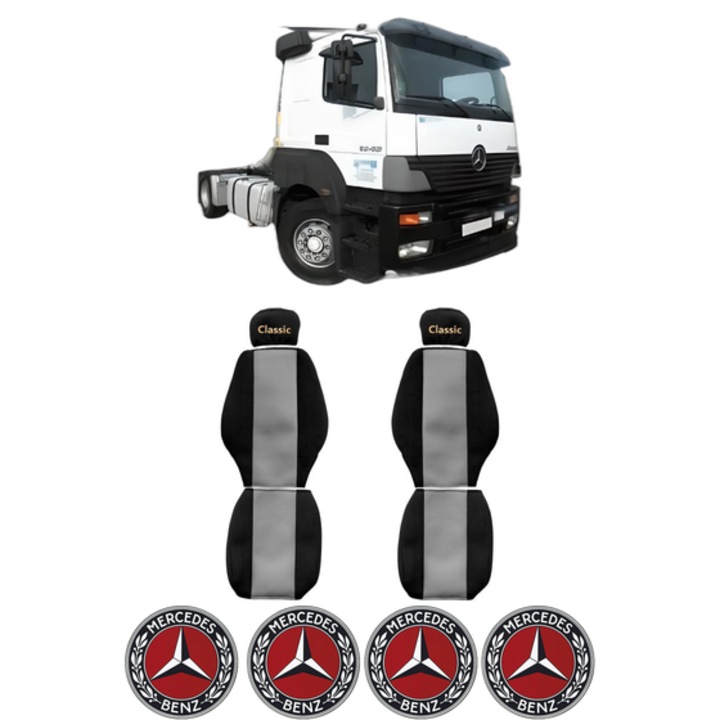 Set Huse Scaune Camion Tir MERCEDES-BENZ AXOR 2 din 2004-2005, Auto, Model CLASSIC, Culoare Gri, 4x Stickere auto cu MERCEDES-BENZ
