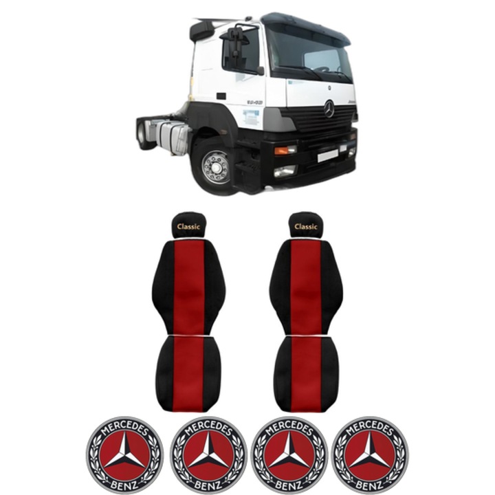 Set Huse Scaune Camion Tir MERCEDES-BENZ AXOR 2 din 2004-2005, Auto, Model CLASSIC, Culoare Rosu, 4x Stickere auto cu MERCEDES-BENZ