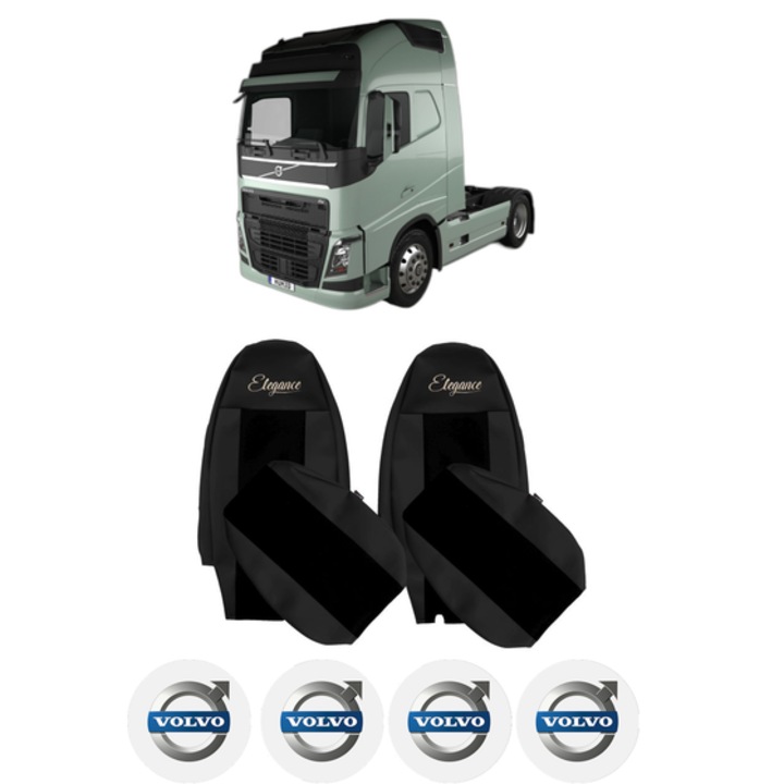 Set Huse Scaune Camion Tir VOLVO FH II din 2012-2017, Auto, Model ELEGANCE S, Culoare Negru, 4x Stickere auto cu VOLVO