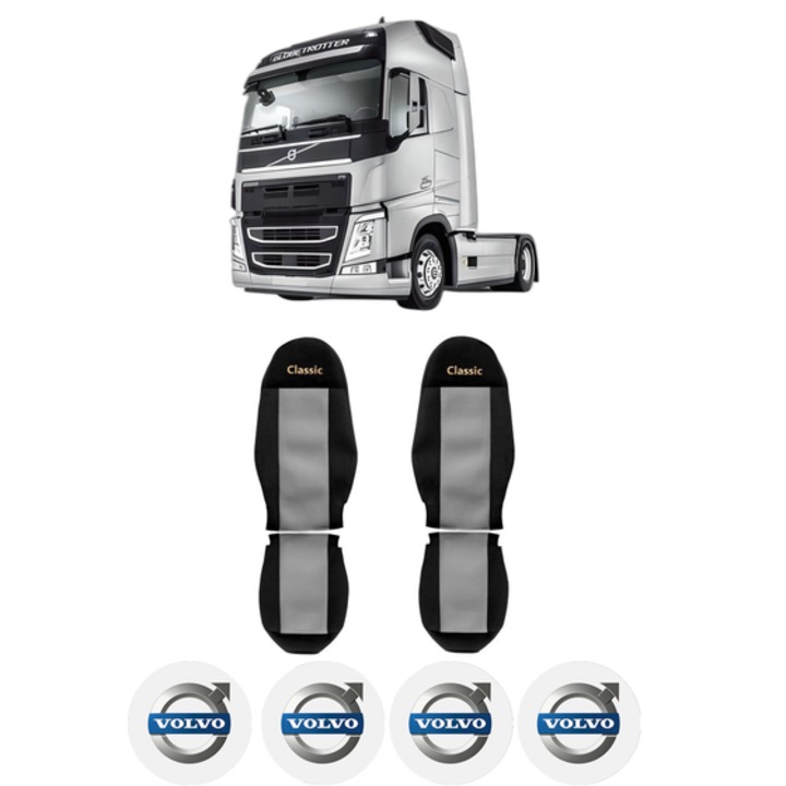 Set Huse Scaune Camion Tir VOLVO FM II din 2012-2017, Auto, Model CLASSIC, Culoare Gri, 4x Stickere auto cu VOLVO