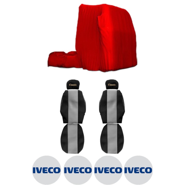 Set Huse Scaune Camion Tir IVECO EUROTECH MT din 1992-1998, Auto, Model CLASSIC, Culoare Gri, 4x Stickere auto cu IVECO