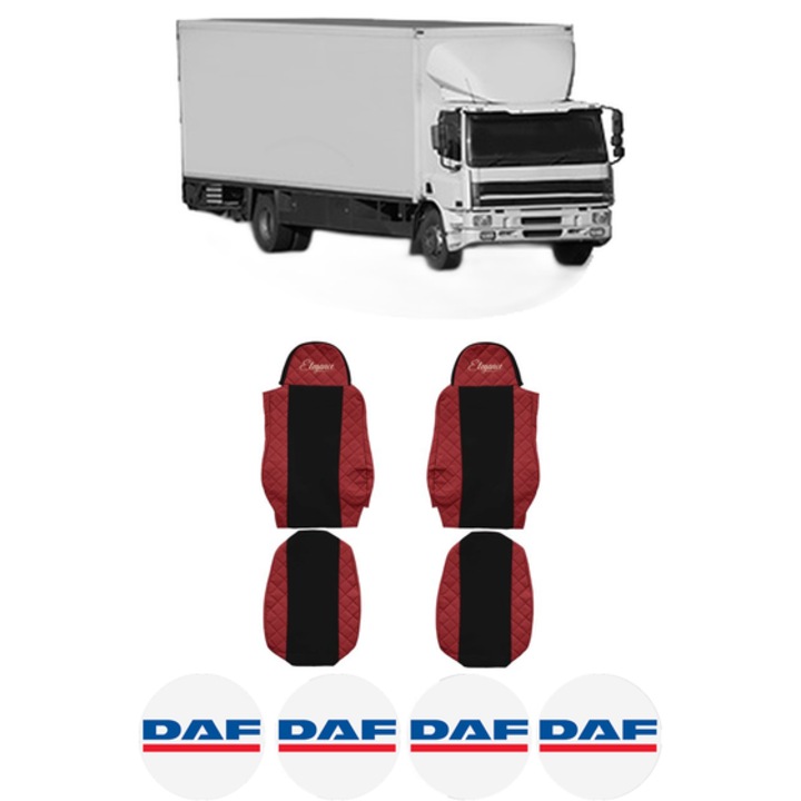 Set Huse Scaune Camion Tir DAF CF 75 din 2001-2013, Auto, Model ELEGANCE Q, Culoare Rosu, 4x Stickere auto cu DAF