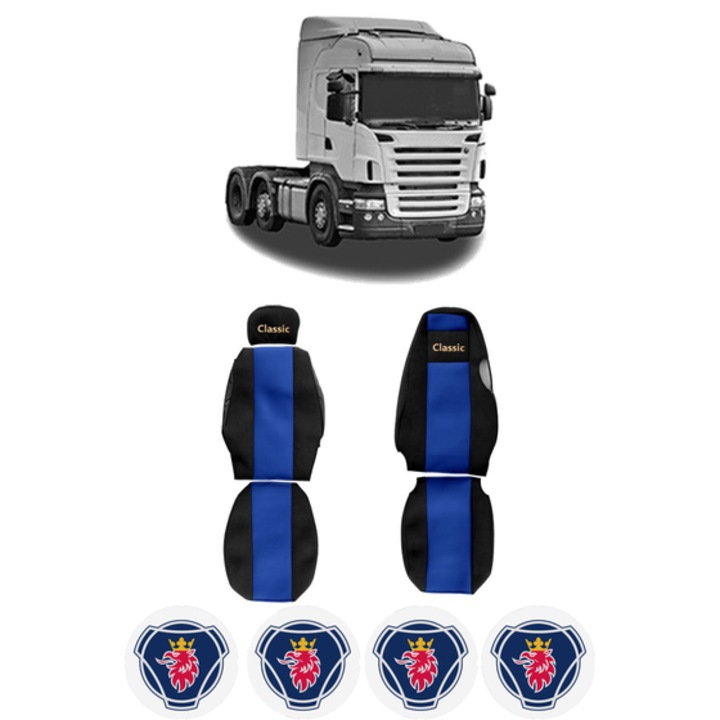 Set Huse Scaune Camion Tir SCANIA 4 - series din 1995-2008, Auto, Model CLASSIC, Culoare Albastru, 4x Stickere auto cu SCANIA
