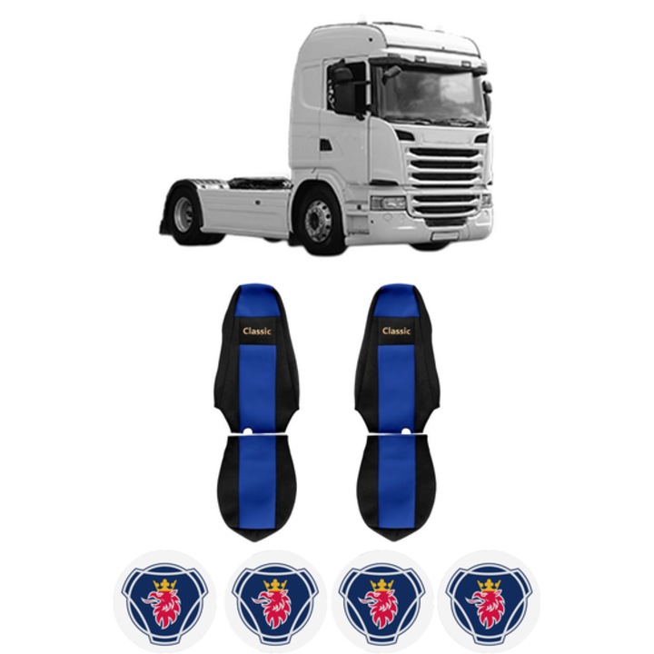 Set Huse Scaune Camion Tir SCANIA G I din 2003-2019, Auto, Model CLASSIC, Culoare Albastru, 4x Stickere auto cu SCANIA