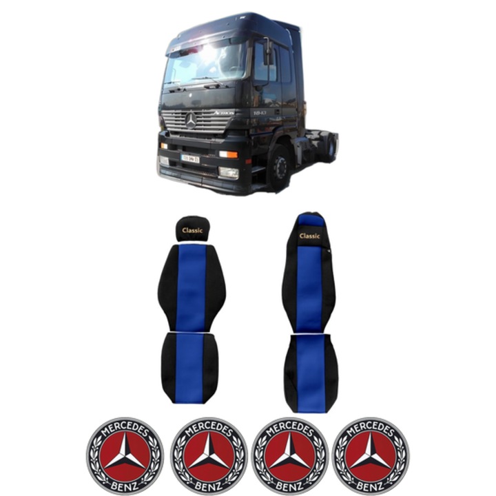 Set Huse Scaune Camion Tir MERCEDES-BENZ ACTROS din 1996-2003, Auto, Model CLASSIC, Culoare Albastru, 4x Stickere auto cu MERCEDES-BENZ