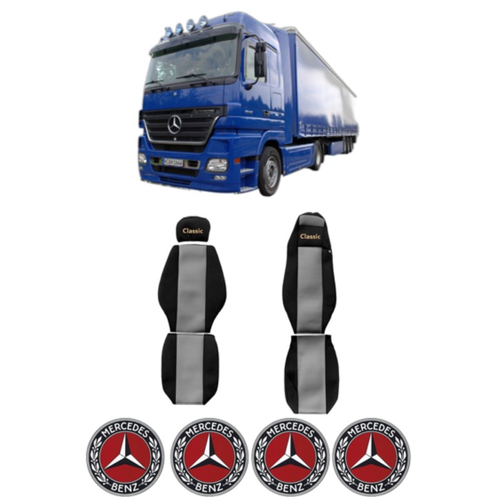 Set Huse Scaune Camion Tir MERCEDES-BENZ ACTROS MP2 / MP3 din 2002-2009, Auto, Model CLASSIC, Culoare Gri, 4x Stickere auto cu MERCEDES-BENZ