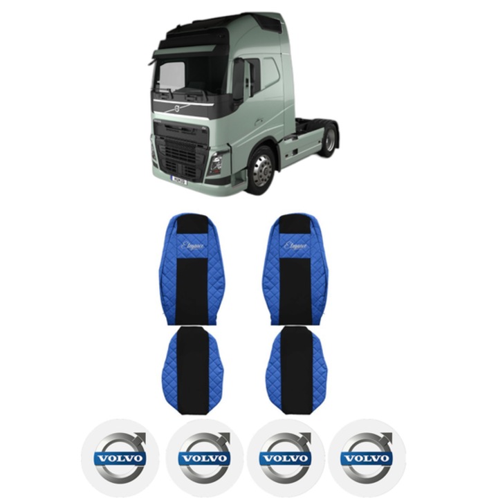 Set Huse Scaune Camion Tir VOLVO FH II din 2012-2017, Auto, Model ELEGANCE Q, Culoare Albastru, 4x Stickere auto cu VOLVO