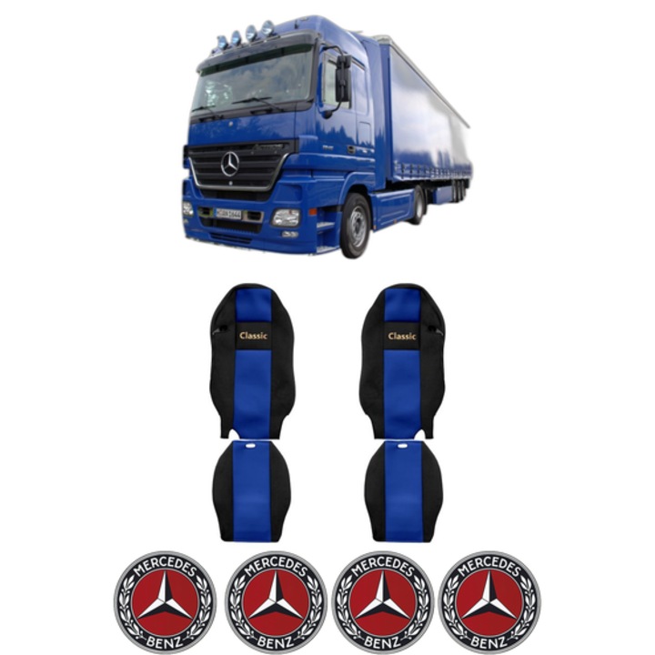 Set Huse Scaune Camion Tir MERCEDES-BENZ ACTROS MP2 / MP3 din 2002-2009, Auto, Model CLASSIC, Culoare Albastru, 4x Stickere auto cu MERCEDES-BENZ