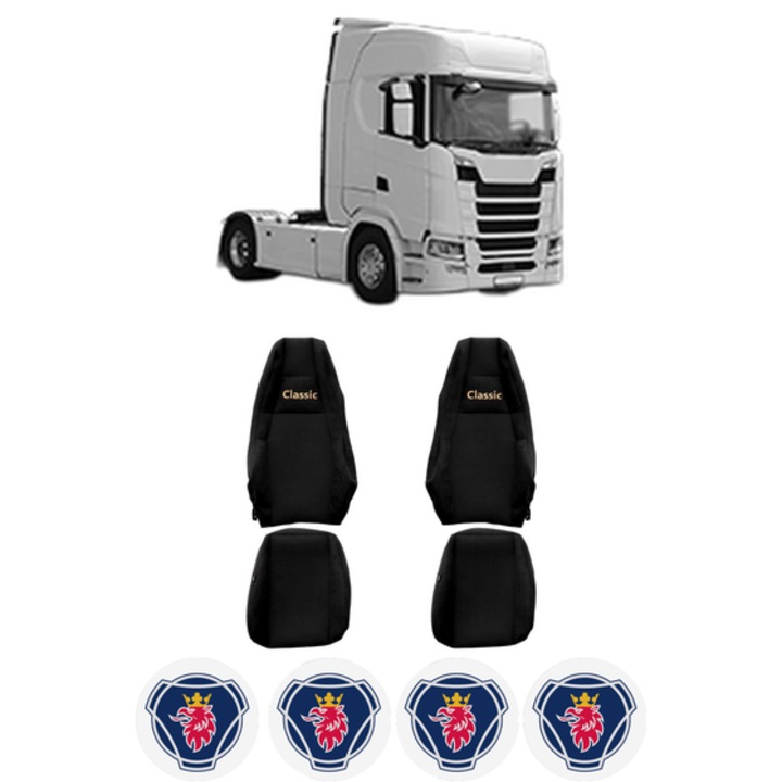 Set Huse Scaune Camion Tir SCANIA S din 2016-2023, Auto, Model CLASSIC, Culoare Negru, 4x Stickere auto cu SCANIA