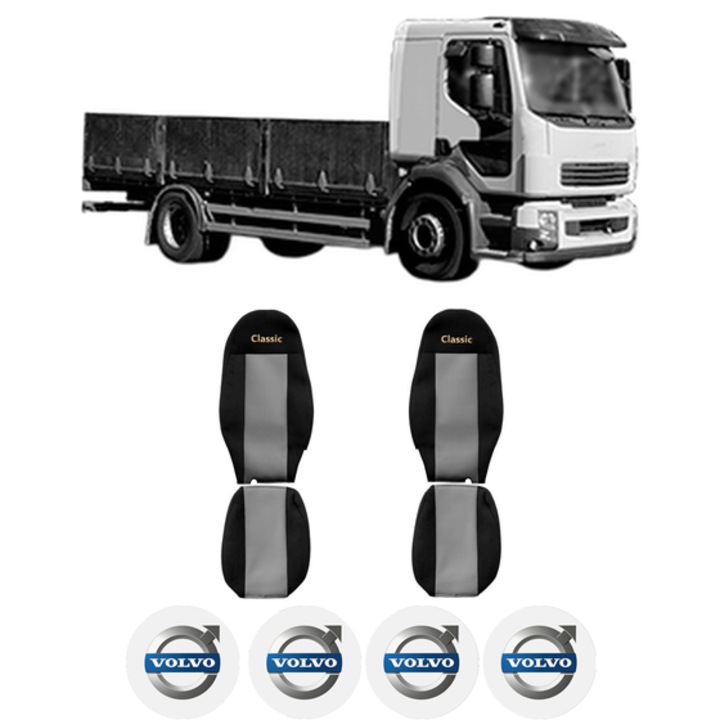 Set Huse Scaune Camion Tir VOLVO FL II din 2006-2009, Auto, Model CLASSIC, Culoare Gri, 4x Stickere auto cu VOLVO