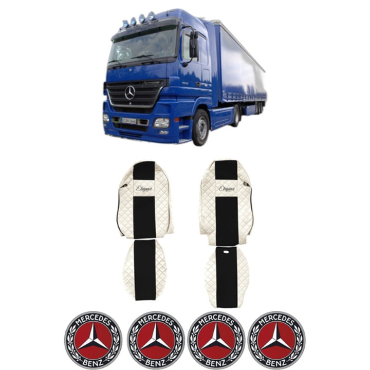 Set Huse Scaune Camion Tir MERCEDES-BENZ ACTROS MP2 / MP3 din 2002-2009, Auto, Model ELEGANCE Q, Culoare Bej, 4x Stickere auto cu MERCEDES-BENZ