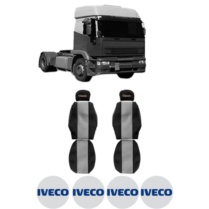 Set Huse Scaune Camion Tir IVECO EUROTECH MP din 1992-2002, Auto, Model CLASSIC, Culoare Gri, 4x Stickere auto cu IVECO