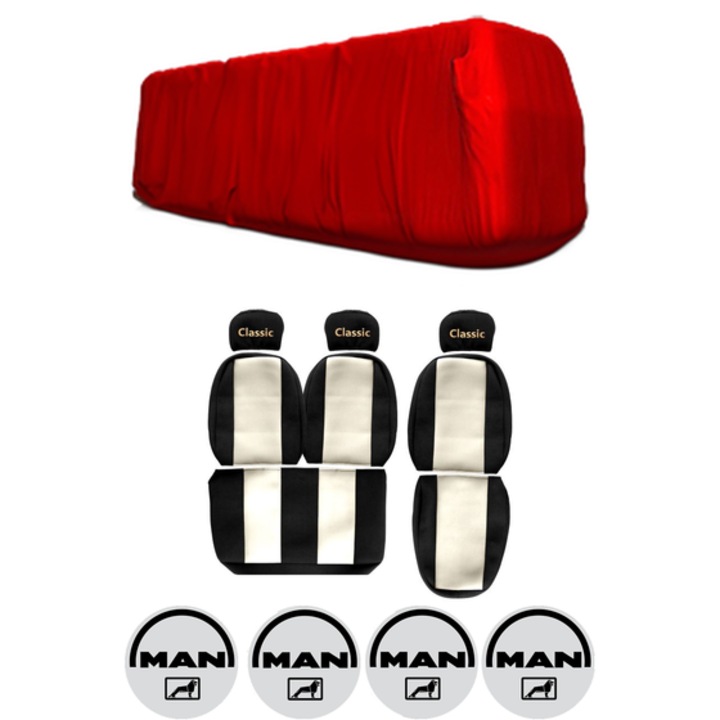 Set Huse Scaune Camion Tir MAN L2000 din 1993-2007, Auto, Model CLASSIC, Culoare Bej, 4x Stickere auto cu MAN