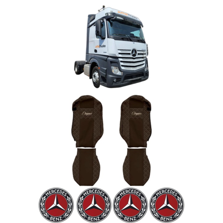 Set Huse Scaune Camion Tir MERCEDES-BENZ ACTROS MP4 / MP5 din 2011-2024, Auto, Model ELEGANCE Q, Culoare Maro, 4x Stickere auto cu MERCEDES-BENZ