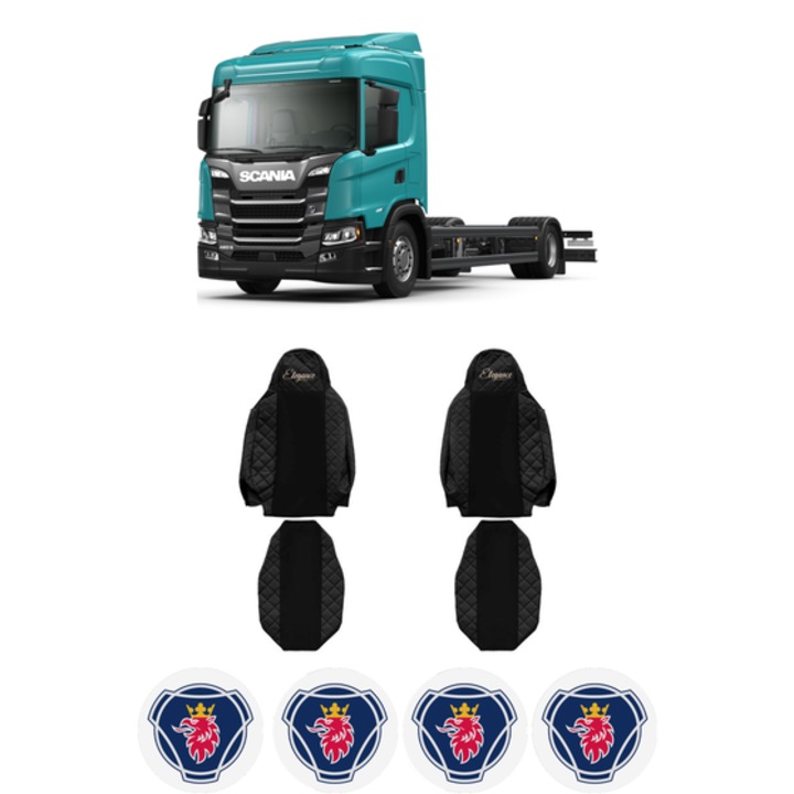 Set Huse Scaune Camion Tir SCANIA G II din 2017-2023, Auto, Model ELEGANCE Q, Culoare Negru, 4x Stickere auto cu SCANIA
