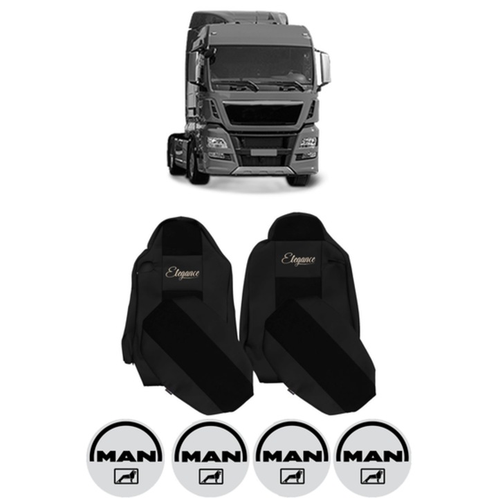 Set Huse Scaune Camion Tir MAN TGX I din 2006-2021, Auto, Model ELEGANCE S, Culoare Negru, 4x Stickere auto cu MAN