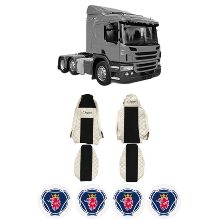 Set Huse Scaune Camion Tir SCANIA P I din 2003-2019, Auto, Model ELEGANCE Q, Culoare Bej, 4x Stickere auto cu SCANIA