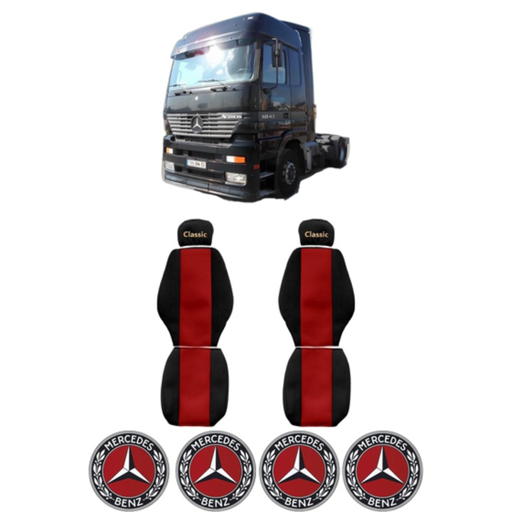 Set Huse Scaune Camion Tir MERCEDES-BENZ ACTROS din 1996-2003, Auto, Model CLASSIC, Culoare Rosu, 4x Stickere auto cu MERCEDES-BENZ