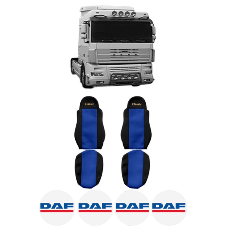 Set Huse Scaune Camion Tir DAF XF 95 din 2002-2006, Auto, Model CLASSIC, Culoare Albastru, 4x Stickere auto cu DAF