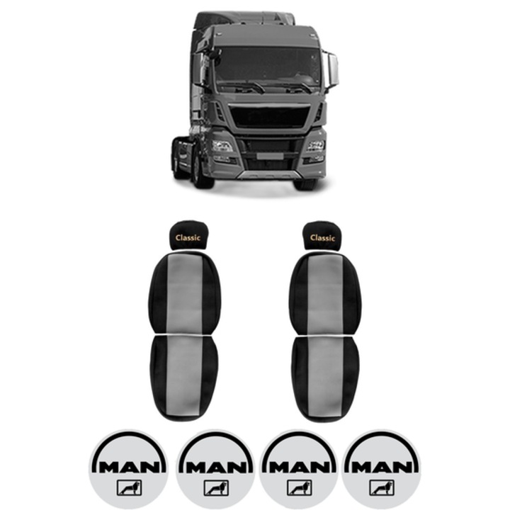 Set Huse Scaune Camion Tir MAN TGX I din 2006-2021, Auto, Model CLASSIC, Culoare Gri, 4x Stickere auto cu MAN