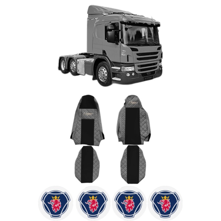 Set Huse Scaune Camion Tir SCANIA P I din 2003-2019, Auto, Model ELEGANCE Q, Culoare Gri, 4x Stickere auto cu SCANIA