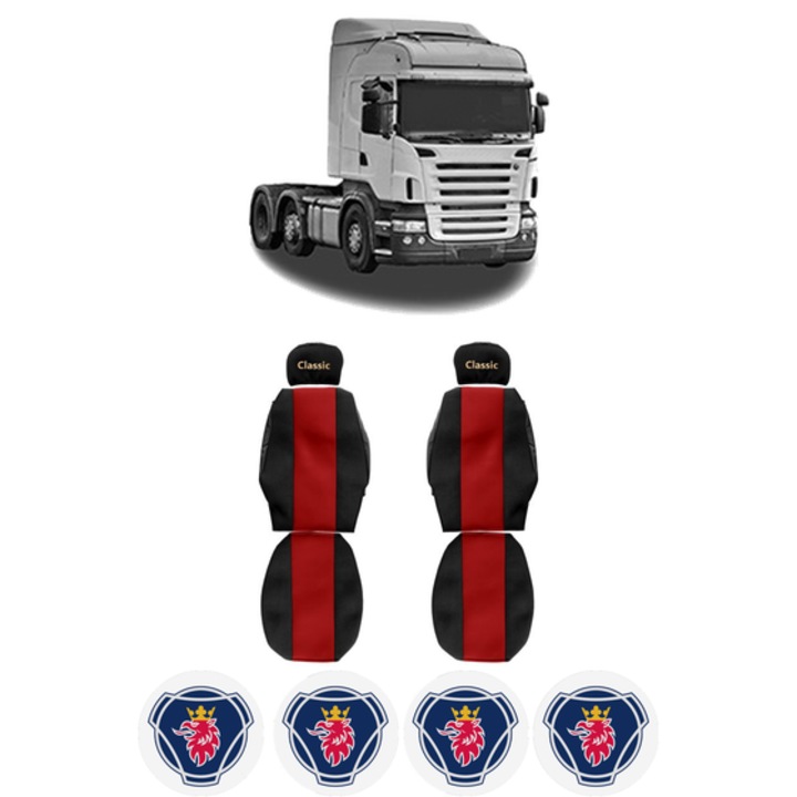 Set Huse Scaune Camion Tir SCANIA 4 - series din 1995-2008, Auto, Model CLASSIC, Culoare Rosu, 4x Stickere auto cu SCANIA