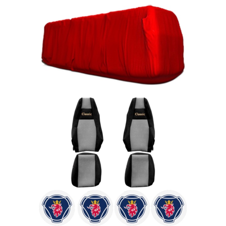 Set Huse Scaune Camion Tir SCANIA L din 2017-2023, Auto, Model CLASSIC, Culoare Gri, 4x Stickere auto cu SCANIA