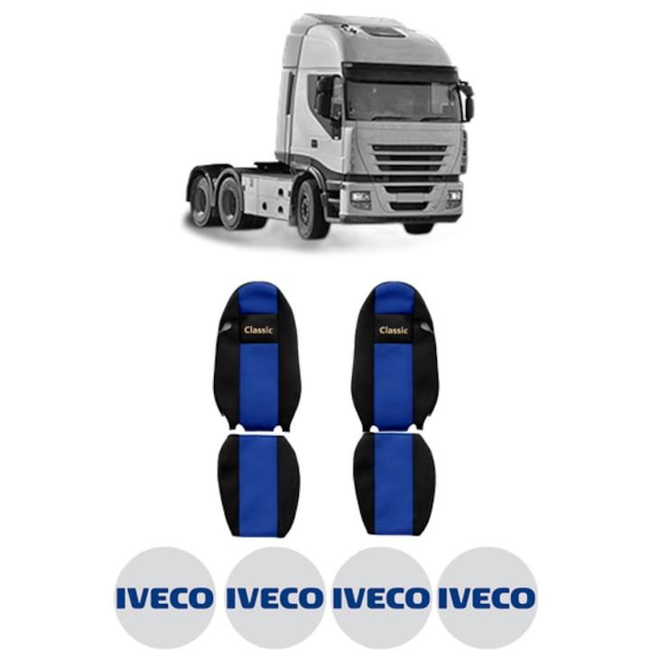 Set Huse Scaune Camion Tir IVECO STRALIS II din 2012-2017, Auto, Model CLASSIC, Culoare Albastru, 4x Stickere auto cu IVECO