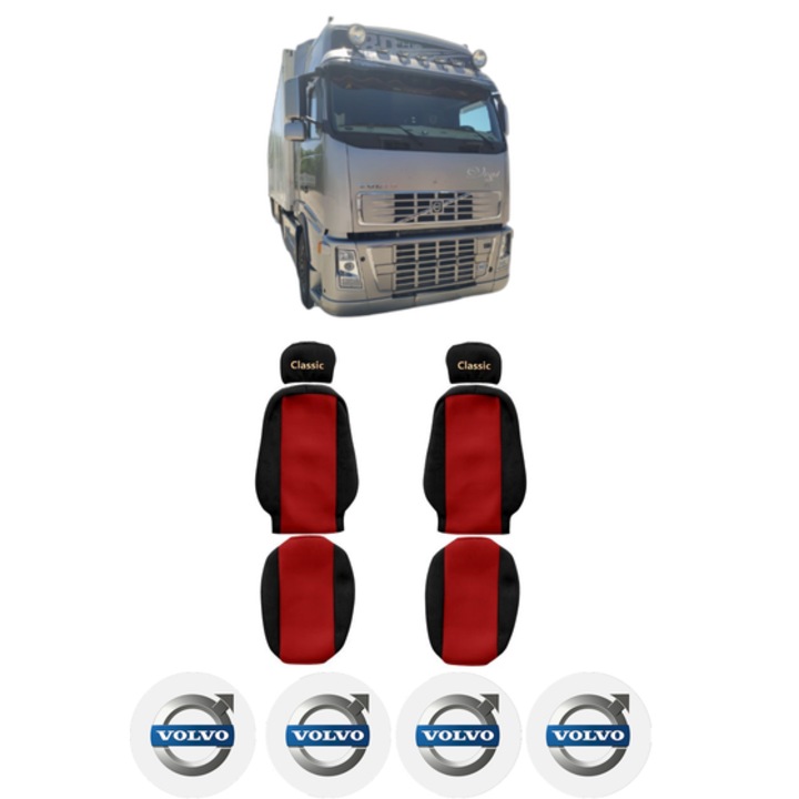 Set Huse Scaune Camion Tir VOLVO FH16 din 1993-2012, Auto, Model CLASSIC, Culoare Rosu, 4x Stickere auto cu VOLVO