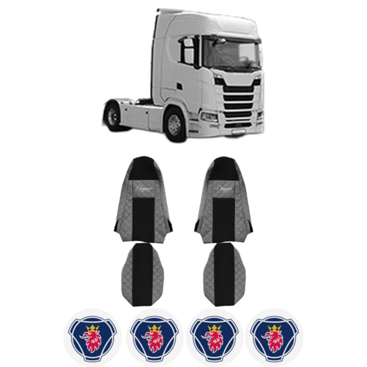 Set Huse Scaune Camion Tir SCANIA S din 2016-2023, Auto, Model ELEGANCE Q, Culoare Gri, 4x Stickere auto cu SCANIA