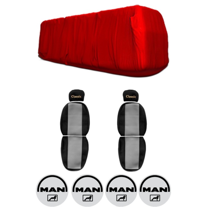 Set Huse Scaune Camion Tir MAN L2000 din 1993-2007, Auto, Model CLASSIC, Culoare Gri, 4x Stickere auto cu MAN