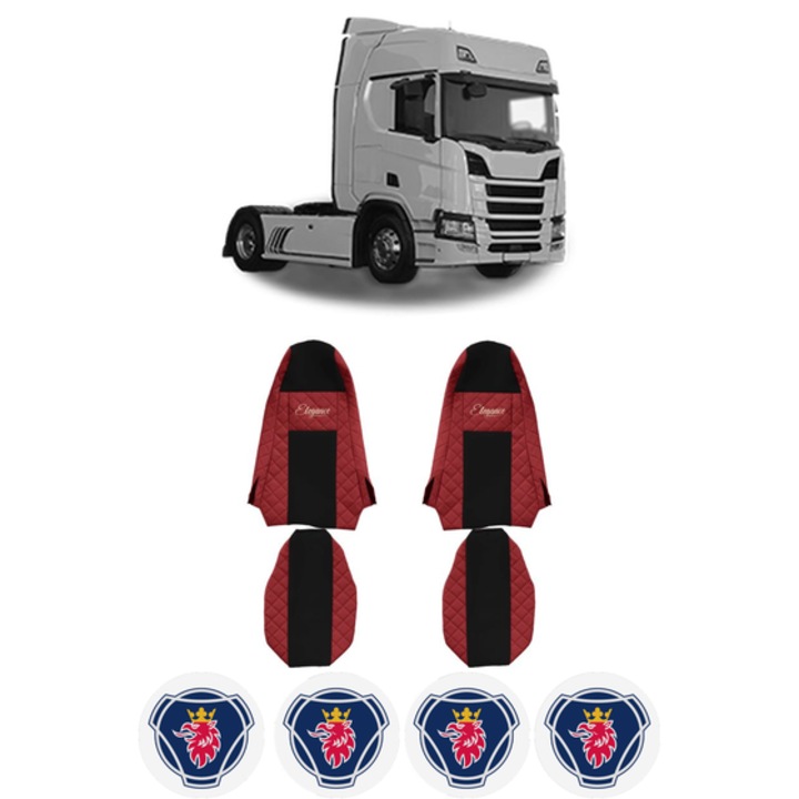 Set Huse Scaune Camion Tir SCANIA R II din 2016-2024, Auto, Model ELEGANCE Q, Culoare Rosu, 4x Stickere auto cu SCANIA