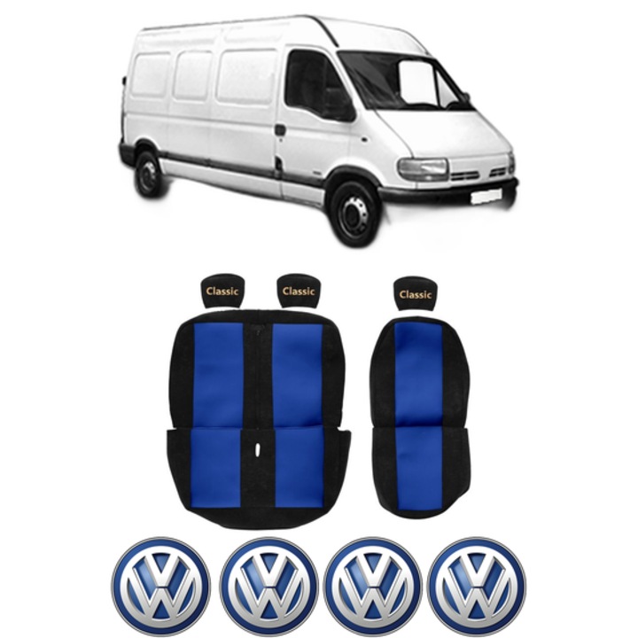 Set Huse Scaune Camion Tir VW MASTER II Van (FD) din 2003-2010, Auto, Model CLASSIC, Culoare Rosu, 4x Stickere auto cu VW