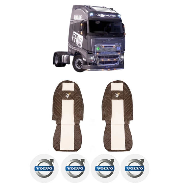 Set Huse Scaune Camion Tir VOLVO FH16 II din 2012-2014, Auto, Model ELEGANCE Q, Culoare Bej, 4x Stickere auto cu VOLVO