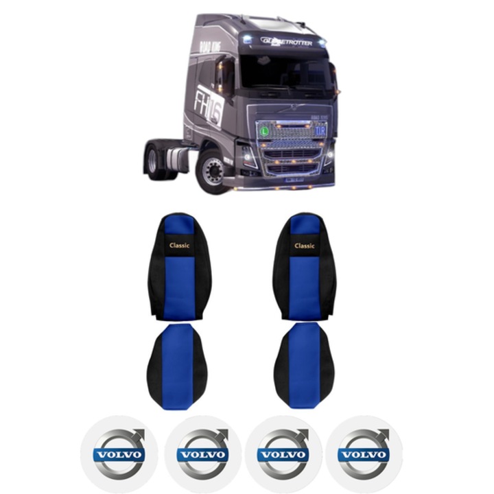 Set Huse Scaune Camion Tir VOLVO FH16 II din 2012-2014, Auto, Model CLASSIC, Culoare Albastru, 4x Stickere auto cu VOLVO