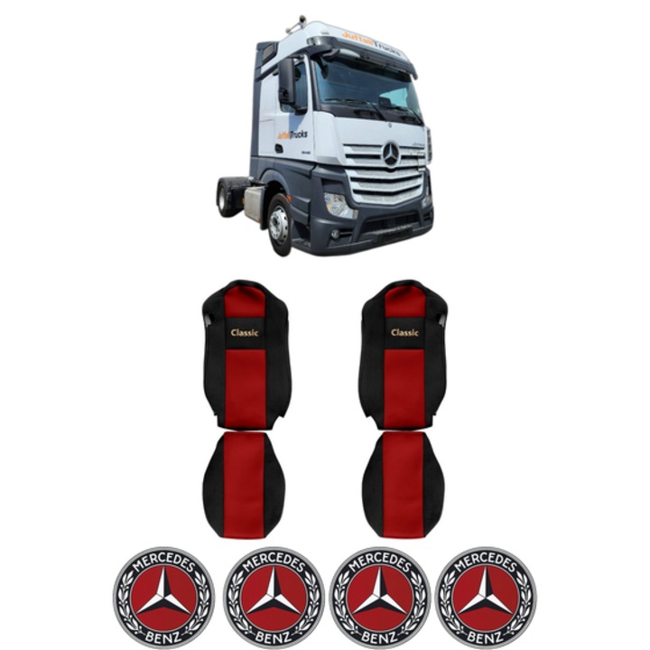 Set Huse Scaune Camion Tir MERCEDES-BENZ ACTROS MP4 / MP5 din 2011-2024, Auto, Model CLASSIC, Culoare Rosu, 4x Stickere auto cu MERCEDES-BENZ