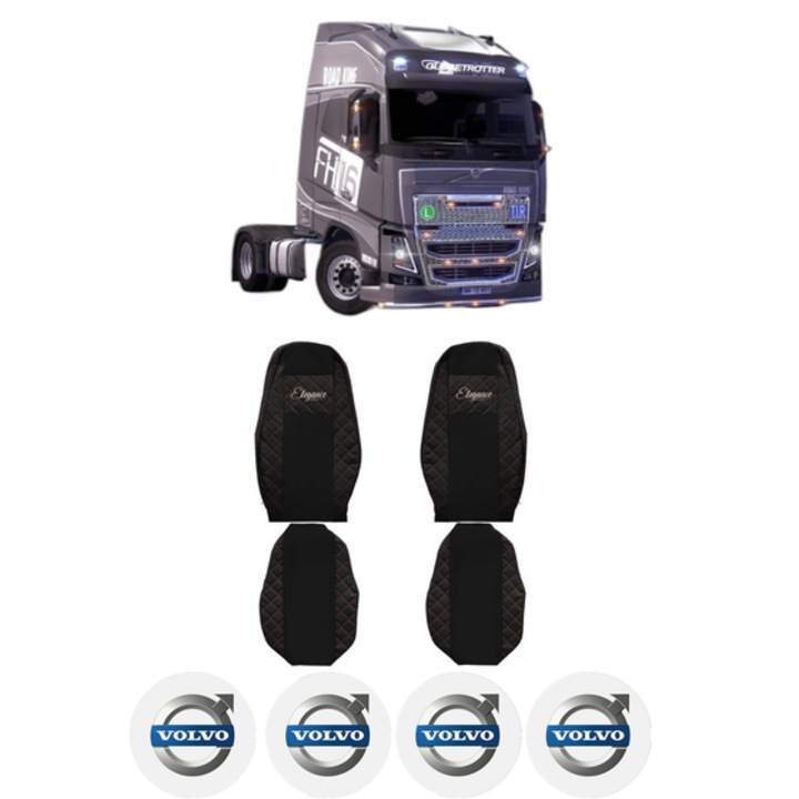 Set Huse Scaune Camion Tir VOLVO FH16 II din 2012-2014, Auto, Model ELEGANCE Q, Culoare Negru, 4x Stickere auto cu VOLVO